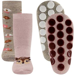 Antislipsokken Ewers Kindermaat - DUOPACK - Roze & Beige met Hertje en Bloemen - Siliconen Noppen-18/19