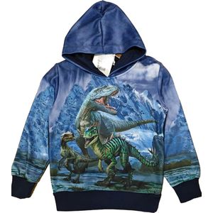 Kinder sweater trui met Dino Dinosaurus full color print | Capuchon | Kleur blauw | Maat 92 | Sweatvest | T-rex | Hoodie | Supermooi!