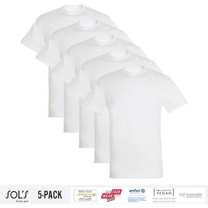 5 Pack Sol's Heren T-Shirt 100% biologisch katoen Ronde hals wit Maat M