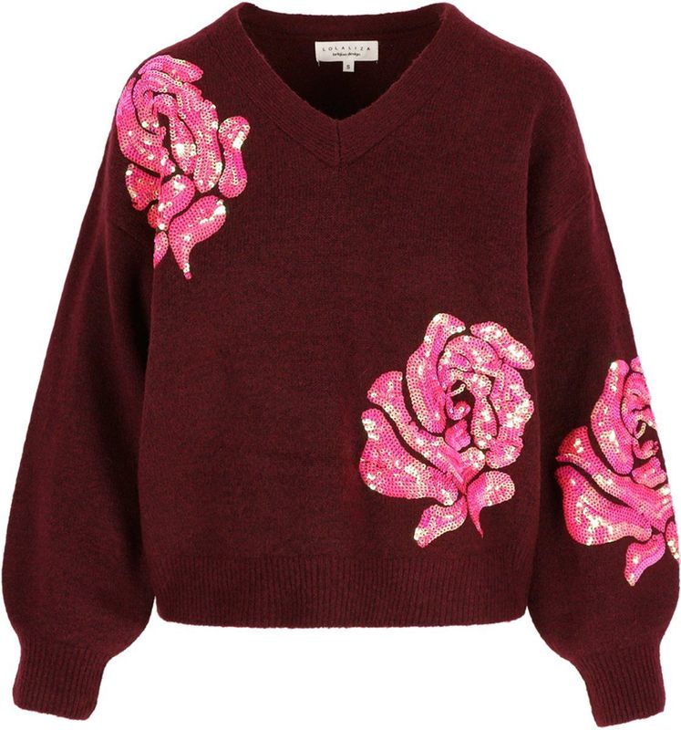 LolaLiza - Trui - Bordeaux - Bloemen - V-hals