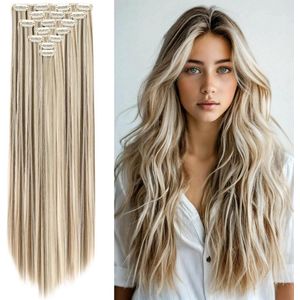 Brenzoos - Clip-in hairextensions 56 cm 7 stuks synthetische vezels steil of golvend natuurlijke look voor vrouwen (lichtbruin gemengd asblond) met gratis haarclips - Verrijk je kapsel met deze trendy hairextensions.