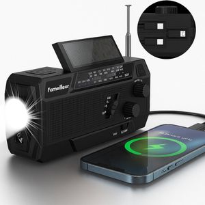 Fameilleur® 6-in-1 SOS Noodradio Fa-093 -met Zonnepaneel, Werkt ook op Batterijen- Handzwengel & USB-C – 4000 mAh Powerbank, FM/AM-Radio, Zaklamp & Sirene- & Zonne-energie-Draagbare Bouwradio voor Noodpakketten, Kamperen & Rampensituaties-2025 zwart