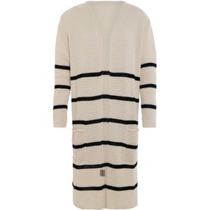 Knit Factory Bibi Lang Gebreid Vest - Gebreide dames cardigan - Lang vest tot over de knie - Gestreepte damesvest gemaakt uit 30% wol en 70% acryl - Zwart/Beige - 40/42