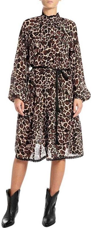 REPLAY - W9113.000.74994 - Midi Jurk - Dierenprint - Lange Mouwen