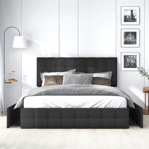 Polsterbett mit 4 Schubladen, Doppelbett mit Lattenrost, Stauraum Bett, höhenverstellbares Kopfteil & quadratisches Nähdesign, Metalllattenstütze, Leinenmaterial (140*200 cm, Schwarz)