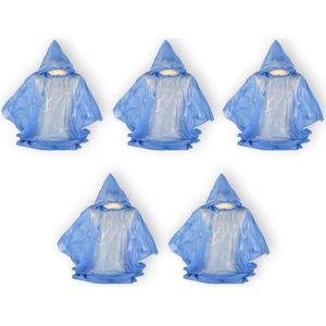Herbruikbare Blauwe Regenponcho Set van 5 - Unisex Fietsponcho voor Dames, Heren, en Kinderen - Waterdicht en Ademend met Capuchon en Reflecterende Details - Ideaal voor Regenkledingoutlet, Regenkleding, en Outdoorkleding