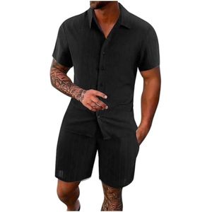 Heren Katoenen Linnen Shorts en Shirt Set - Trainingspak Zomer Outfits met Korte Mouwen en Zakken