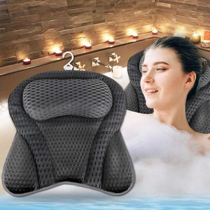 Badkussen, zuignappen, perfecte ergonomische pasvorm, badkussen, ademend, wasbaar, 4D Air mesh, badkussen voor ontspanning van nek en rug, grijs