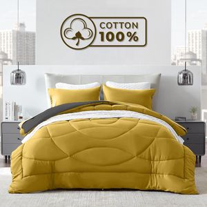 Sleep Comfy Cottiva Series - All Year Dekbed zonder overtrek - Geel & Antraciet | 200x200 cm - Wasbaar hoesloos dekbed - Binnen & Buiten - 100% Katoen - Met Kussenslopen| Dekbed in Kleur - OEKO Green - Droogt Snel