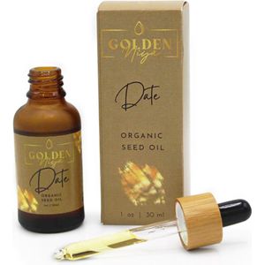 Dadelpit olie Golden Niya Puur 30ml - EU Bio, EcoCert - USDA Keurmerk- Haar - huid - gezicht-nagels - Koudgeperst - biologisch- Proefdiervrij- Vitamine A & E- Omega 9 & 6- Huidveroudering- Anti-aging- Anti-rimpel- Dadel - Pipetfles