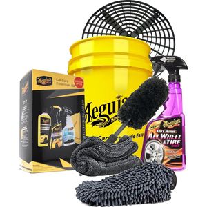 Meguiars essentail kit bestaande uit; Wasemmer 19 ltr , Grit guard grit, Wash&Wax, Quick Wax, Clarity Glass Cleaner, Supreme Shine Microfiber doek, Velgenreiniger, Velgenborstel medium, Wash Mitt, Droogdoek 40 x 40 cm