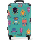 NoBoringSuitcases.com® - Koffer groot - Rolkoffer lichtgewicht - Robots in vrolijke kleuren op groene achtergrond - Reiskoffer met 4 wielen - Grote trolley XL - 20 kg bagage