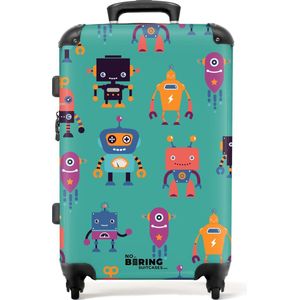 NoBoringSuitcases.com® - Koffer groot - Rolkoffer lichtgewicht - Robots in vrolijke kleuren op groene achtergrond - Reiskoffer met 4 wielen - Grote trolley XL - 20 kg bagage