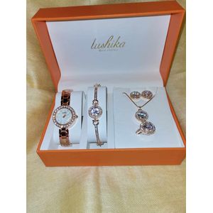 Horlogebox voor dames - geschenkdoos - cadeau set met horloge - oorbellen - ketting - ring - armband - moederdag cadeautje valentijn cadeautje voor haar - rosegoud