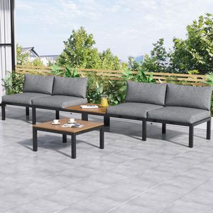 Tuinset met 2 banken, 2 bijzettafels en 1 tafel, massief acaciahouten tafelblad, grijze stoffen rugleuning