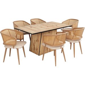 Merax Set van 4 Eetkamerstoelen met Rieten Rugleuning en PU Leren Zitting – Modern en Stijlvol Ontwerp - Geschikt voor Eetkamer - Woonkamer en Café