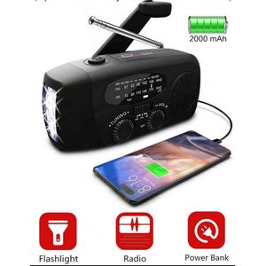 Draagbare Noodradio Solar Opwindbaar en Batterij - Survival Radio - 2000 mAh - Powerbank Zonneenergie - Zaklamp