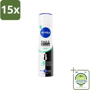 15 x NIVEA - Deodorant Spray - Onzichtbaar Fris Voor Zwart & Wit - Anti-Transpirant - 150 ml - Grootverpakking - NIVEA Deodorant - Anti-transpirant - Deodorant Spray - Anti-vlekken Deodorant - Deodorant Voor Zwarte En Witte Kleding