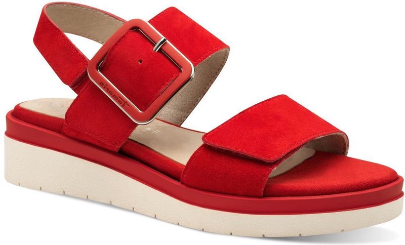 TAMARIS - Comfort - Damessandalen - Rood Suède - Plat - Met Gesp - Sleehak