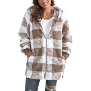 Dames Teddy Fleece Jas Geruit Warme Winterjas met Ritssluiting en Capuchon