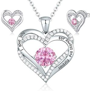 Silverplated roze Swarovski® hart ketting en oorbellen - 45 cm - Valentijnsdag - Moederdag Cadeau - Geschenkset Vrouwen - Cadeau voor Vrouw - Verjaardagscadeau - Cadeau - Geschenk voor haar - Kerst Cadeau - Juwelia