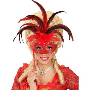 Masker op stok met grote rode veren voor volwassenen - Verkleedmasker - One size