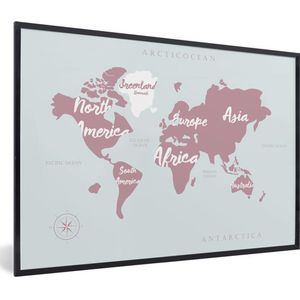 Fotolijst incl. Poster - Wereldkaart - Roze - Letters - 120x80 cm - Posterlijst