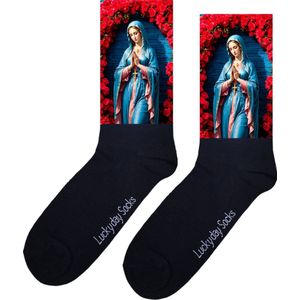 Maria - Rozen - Verjaardag cadeau - Grappige sokken - Geloof - God - Volgers - Leuke sokken voor heren en dames - Moederdag - Vaderdag - Cadeau voor hem en haar - Kerstcadeau - Vrolijke sokken - Valentijns cadeau - Maat 37-44