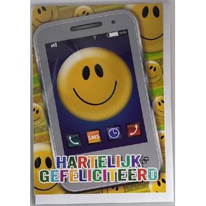 Hartelijk gefeliciteerd met je verjaardag! Een grappige kaart met vrolijke smileys op de mobiel. Erg leuk om zo te geven of om bij een cadeau te voegen. Een dubbele wenskaart inclusief envelop en in folie verpakt.