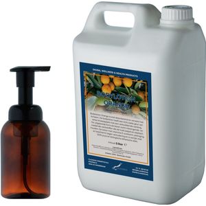 Zeepdispenser 300 ml amber bruin hervulbaar + 5 liter Bodylotion Orange navulling