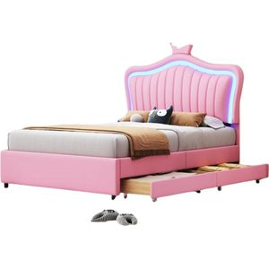 Jurrys Princesse bed - Meisjes - Bed - Kinderbed - 90cm x 200cm - Gestoffeerd - Slaapkamer - Led verlichting