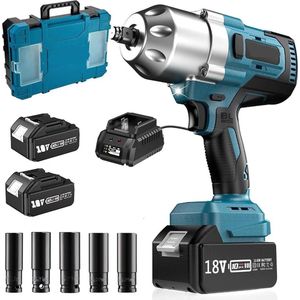 Slagmoersleutel - Accu Slagmoersleutel Set - Met Koffer, Oplader & 2x Accu - (Incl: 5 Lange Doppen) - 3 Versnellingen - 1300Nm - 18V - 4.0Ah - Blauw
