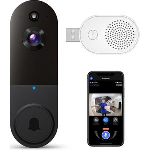 Draadloze slimme videodeurbel, 1080p camera, bewegingsmelder, weerbestendige deurbel met alarm, 2-weg communicatie, inclusief houder en accessoires voor verhoogde veiligheid in een gezinshuis