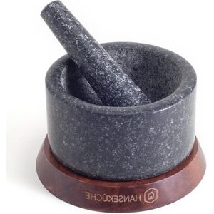 Hoogwaardige granieten stamper en vijzel - 15 cm diameter - op houten basis - antislip - voor kruiden en specerijen