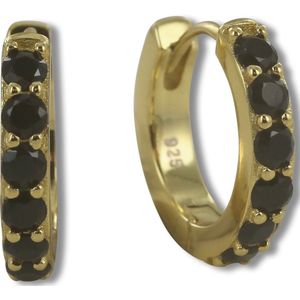 Silventi 9SIL-22092 Zilveren Oorringen met Zirkonia - Dames - Zirkonia - Zwart - 16 x 3 mm - Scharnier - Zilver - Gold Plated (Verguld/Goud op Zilver)