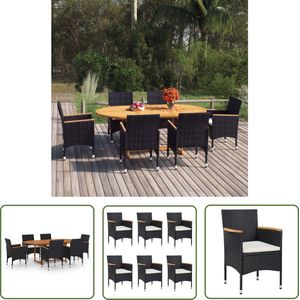 The Living Store 7-delige Tuinset poly rattan zwart - Tuinstoel - Tuintafel - Acacia Hout - Buitendining - Lounge Set