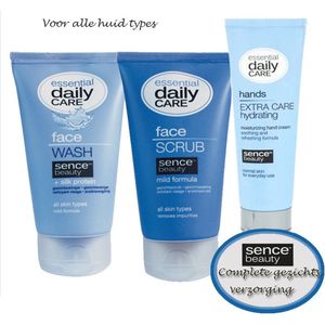 Sence Gezichtsverzorgingsset – Face Scrub 150ml, Face Wash 150ml & Handcrème 75ml – Dagelijkse huidverzorging in een tasje