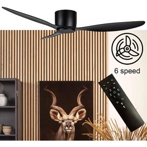 Plafondventilator Brezza 3 blad 132 cm zwart - stilste ventilator 2025 – top kwaliteit - energie zuinig – met remote - ventilator voor laag plafond - 6 snelheden – beste alternatief voor airco - zomer en winter stand – zwarte ventilator