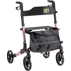 Sky - Lichtgewicht rollator - Roze - Dubbel opvouwbaar - Met stokhouder, tas en rugband