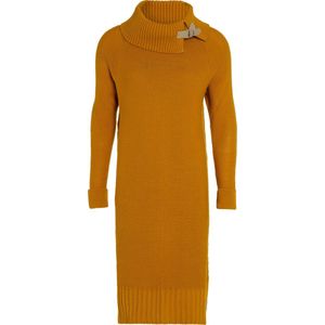 Knit Factory Jamie Gebreide Dames Jurk - Trui jurk dames - Wollen jurk - Herfst- & winterjurk - Wijde jurk - Met warme opstaande kraag - Oker - 36/38 - Knielengte