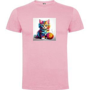 Zacht Roze T-Shirt met “ Kleurrijke Kitten met bol wol “ Print Full Color Maat S