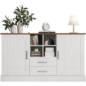 Merax Sideboard 140x40x79,5 cm – Opbergkast met 2 Deuren - 2 Lades en Open Vakken – Witte en Bruine Houtlook – Modern Dressoir voor Woonkamer of Eetkamer – Softclose – MDF Kast