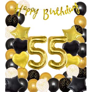 Snoes Ballonnen 55 Jaar Black Gold Dots Mega Ballon - Compleet Feestpakket Goud Zwart Stippen Cijferballon 55 - Verjaardag Versiering DIY Slinger Happy Birthday – Folieballon – Latex Ballonnen - Helium Ballonnen