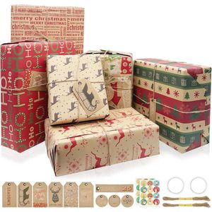 Kerst Inpakpapier 12 Vellen 70x50cm Recyclebaar met Vintage Ontwerpen en Jute String