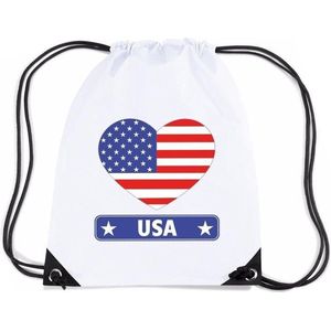 Amerika USA nylon rijgkoord rugzak/ sporttas wit met Amerikaanse vlag in hart