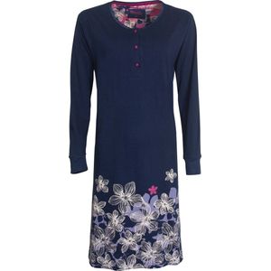 Medaillon Dames Nachthemd - Gebloemd - Katoen - Blauw - Maat S