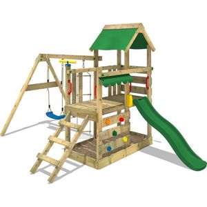 WICKEY speeltoestel klimtoestel TurboFlyer met schommel en groene glijbaan, outdoor klimtoren voor kinderen met zandbak, ladder en speelaccessoires voor de tuin