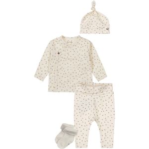 Dirkje - Basic Collection - BIO COTTON - Broek Offwhite met figuurtjes - Overslag shirt - Mutsje en 1 paar Noppies sokjes - Maat 62