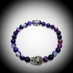 Natuursteen Armband met 925 Sterling Zilver Skull / Buddha / Boedha Bedel van 13 gram Zilver , Handgemaakte Edelsteen Armband met 8mm (Paarse Sardonyx) kralen .