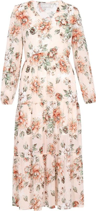 Usha - Jurk - Beige - Bloemenprint - Lange Mouw - Maxi Lengte